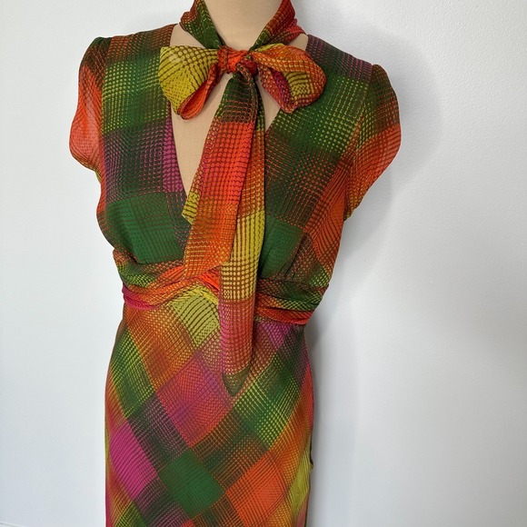 BcbgMaxazaria Silk Knee Length Dress Neck Tie Diamond - Picture 15 of 16